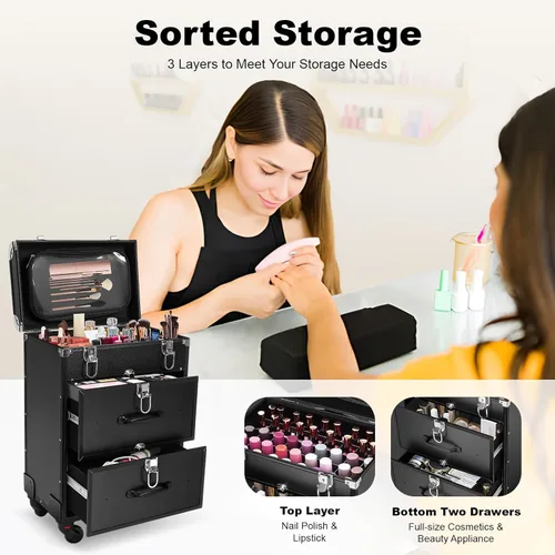 Miniatura 7 de TFCFL Estuche de carrito de maquillaje de 3 niveles, Negro -, Elegante