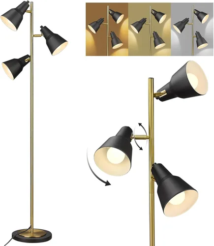 ELYONA Lámpara de pie con árbol dorado con 3 luces giratorias ajustables, luces de pie industriales de poste alto de metal con 3 bombillas LED para