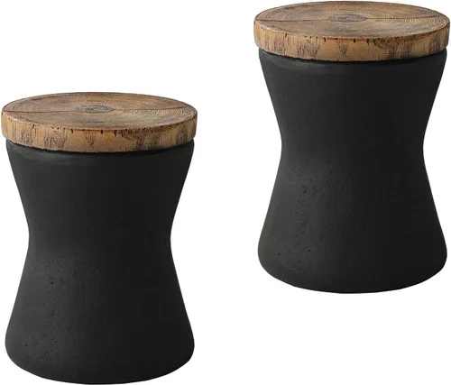 Miniatura 9 de COSIEST Mesa auxiliar de tambor con forma de cilindro de hormigón con parte superior de madera sintética, mesa de acento negra para exteriores