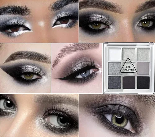 Miniatura 5 de Paleta de sombras de ojos de 9 colores negro ahumado mate con purpurina, sombra de ojos duradera impermeable para niñas y mujeres