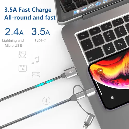 Miniatura 4 de Adaptador de cable de carga 3 en 1, Lightning certificado MFi de Apple, tipo C, cable micro USB, compatible con iPhone 16/15/14, iPad, Huawei, HTC