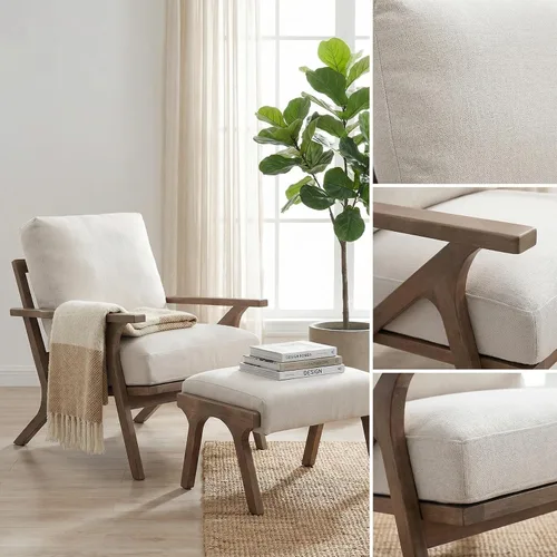 Miniatura 9 de HNY Mid-Century - Silla decorativa tapizada moderna, sillón de tela de lino con marco de madera maciza, cómoda silla de descanso con almohada