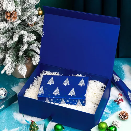 Miniatura 5 de WRAPAHOLIC 1 caja de regalo de Navidad con tapa, 13.3 x 9 x 4 pulgadas, caja de Navidad azul y blanca, diseño de letras, cajas de regalo plegables