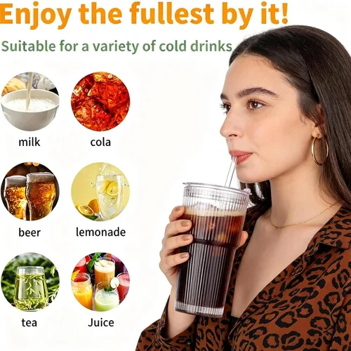 Miniatura 5 de Vaso de vidrio acanalado de 20 onzas, tazas de café helado con tapas y pajitas, vaso grueso reutilizable para llevar, ideal para café, batidos