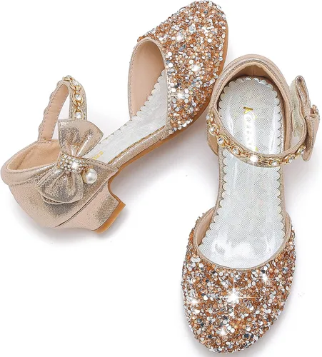 Miniatura 8 de Sandalias para niñas, tacones cerrados, para boda, fiesta, princesa, lazo con lentejuelas para niños pequeños y grandes