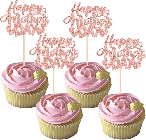 Miniatura 34 de Gyufise 1 pieza de decoración de pastel para el Día de la Madre con purpurina de corazón Love You Mom Cake Pick Rose Flower Best Mom Cupcake Decor