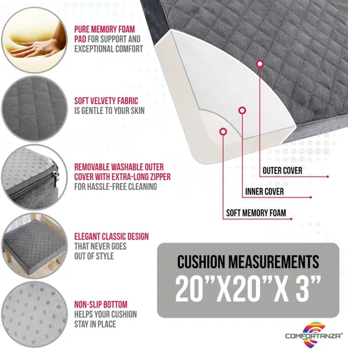 Miniatura 3 de Cojín de asiento para silla reclinable de espuma viscoelástica de 20 x 20 x 3 pulgadas para sentarse durante mucho tiempo, almohadilla para sillón