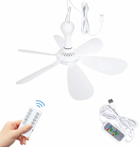 Xindejia Ventilador de techo pequeño alimentado por USB, 6 aspas, silencioso DC 5 V, ventiladores colgantes USB para interiores y exteriores, RV,