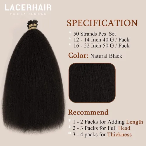 Miniatura 2 de Lacer Extensiones de cabello humano con punta en I, extensiones de cabello humano rizado lacio color negro natural, 1B de 12 pulgadas, extensiones