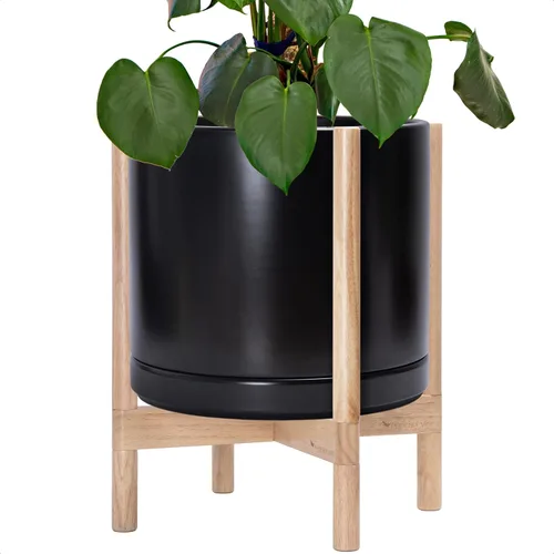 Miniatura 103 de D'vine Dev Maceta de cerámica con soporte de ébano – Maceta redonda moderna de 8 pulgadas con soporte para maceta de madera, color negro, 55-B-M-2
