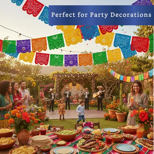 Miniatura 4 de Pancartas de fiesta mexicana (paquete de 2 con 10 banderas de plástico por bandera), papel picado mexicano para fiesta, papel picado de plástico