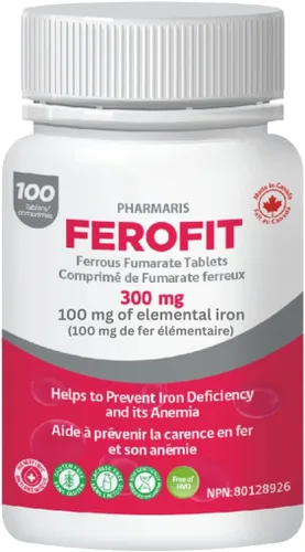 Pharmaris Ferofit - Fumarato ferroso de 300 mg (100 mg de hierro elemental), previene la anemia debido a la deficiencia, suplemento de hierro para