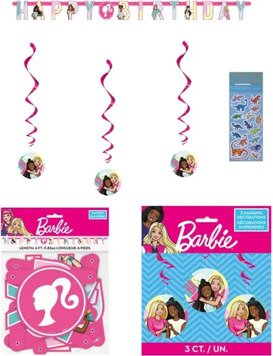 El paquete de suministros para fiesta de cumpleaños de Barbie incluye 1 pancarta de feliz cumpleaños, 3 decoraciones de remolinos colgantes