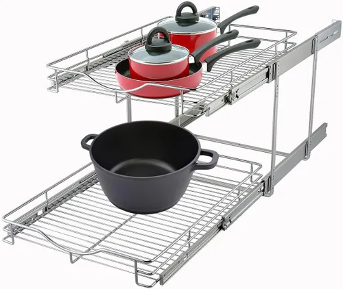 Miniatura 9 de DINDON Organizador de gabinete extraíble de 2 niveles (11 pulgadas de ancho x 18 pulgadas de profundidad), estante deslizante de metal resistente