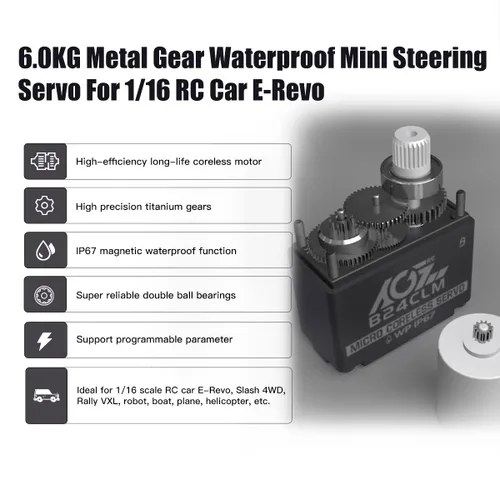 Miniatura 3 de AGFRC 6KG Mini Servo Motor de Dirección RC Impermeable - 0.085Seg Alta Velocidad Engranaje de Titanio Sin Núcleo Servo Digital para 1/16 Coche RC