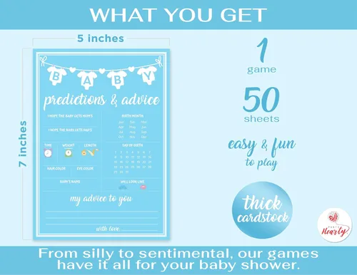 Miniatura 2 de Party Hearty Juegos de Baby Shower para Niño, 50 pcs Juego de Predicciones y Consejos, Tarjetas de Actividades Divertidas, Ideas de Baby Shower