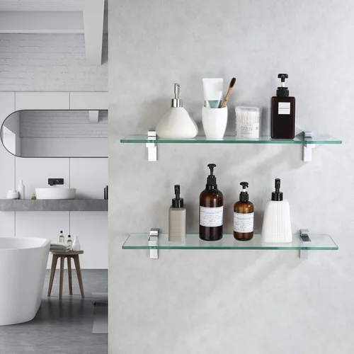Miniatura 4 de KES Estante de vidrio para baño, estante de baño de 23.6 pulgadas con vidrio templado y soporte de cromo pulido montado en la pared, paquete de 2