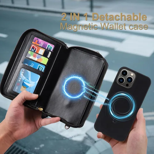 Miniatura 3 de Harryshell Funda compatible con iPhone 13 Pro Max de 6.7 pulgadas 2021, con múltiples cremalleras, funda magnética desmontable con ranuras para Negro