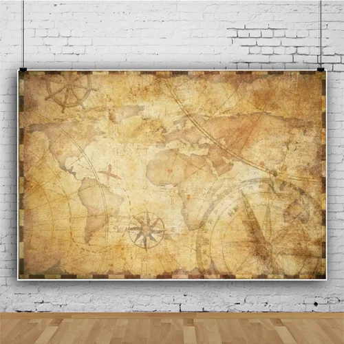 Miniatura 3 de YongFoto Telón de fondo vintage de 5 x 3 pies, mapa del mundo de viaje antiguo, mapa de pergamino, mapa del tesoro pirata, telón de fondo