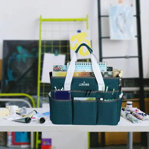 Miniatura 7 de JJRING Bolsa Organizadora para Manualidades, Caddy Grande de Almacenamiento de Arte con Múltiples Bolsillos, Bolsa de Costura Azul Verdosa