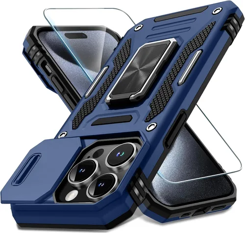 Miniatura 292 de DEERLAMN Funda para iPhone Xs Max con funda deslizante para cámara + protector de pantalla, soporte giratorio de anillo de grado militar a prueba