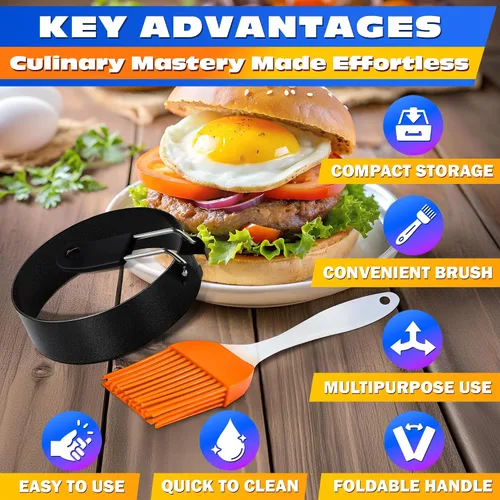 Miniatura 4 de 2 anillos de huevo para freír huevos, molde redondo de acero inoxidable de 2.89 pulgadas, mango plegable, resistente al calor y no deformable