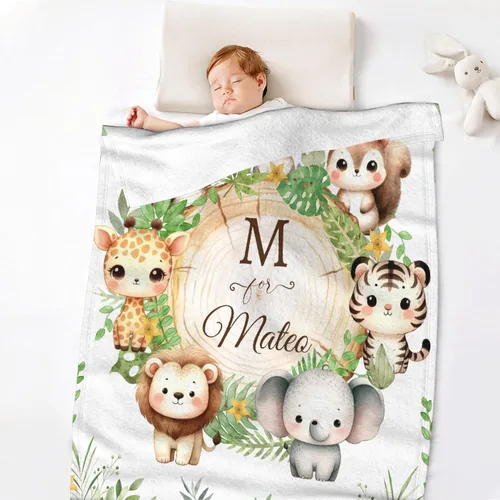 Miniatura 6 de Manta de bebé personalizada para niñas y niños, manta de bebé personalizada con nombre de bosque de animales para niños pequeños, baby shower