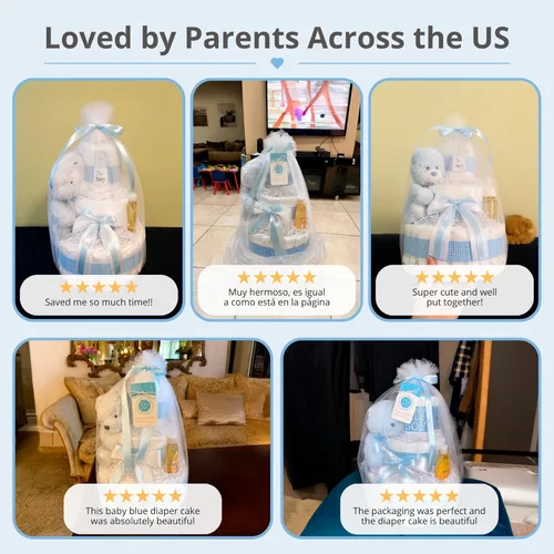 Miniatura 4 de Lil' Baby Cakes Pastel de Pañales Azul para Niño - Hace un Hermoso Regalo para Bebé Niño - Adorable y Práctico - Hecho a Mano con 42 Pañales