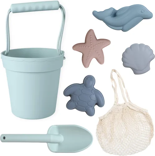 BLUE GINKGO Juguetes de playa de silicona - Bebé moderno | Juego de cubo, pala, 4 moldes de arena, bolsa para niños pequeños, niños verde