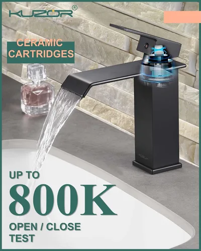 Miniatura 7 de Grifo de baño de cascada negro mate – Grifo de fregadero de acero inoxidable 304 de un solo orificio con drenaje desplegable de metal, diseño