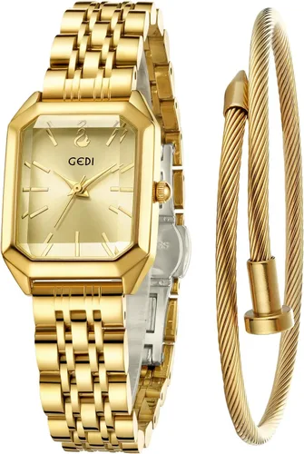 Miniatura 11 de FANMIS Juego de reloj de pulsera y brazalete para mujer en tono dorado, reloj de vestir casual simple con esfera cuadrada, correa sólida de acero
