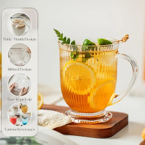 Miniatura 3 de Juego de 4 tazas de café de vidrio acanalado transparentes de 16 onzas, tazas grandes de espresso con cuchara, tazas de vidrio con asa, taza de café