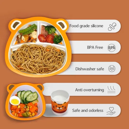 Miniatura 4 de Juego de vajilla infantil para bebés y niños pequeños, cuenco de bambú, taza, tenedor, cuchara y platos divididos, apto para lavavajillas