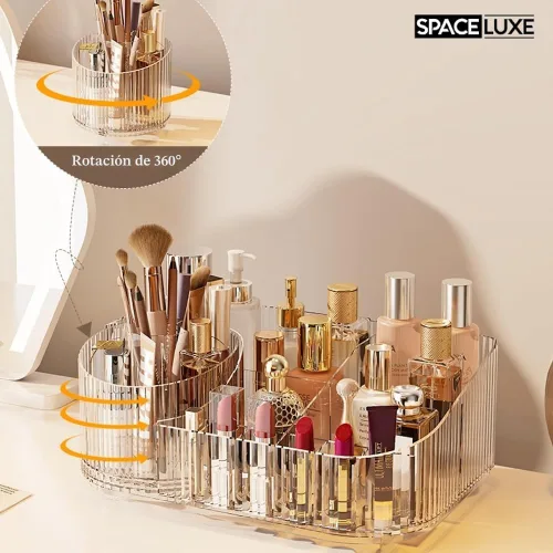 Miniatura 3 de Organizador de maquillaje SpaceLuxe con cajones y soporte giratorio de 360°, almacenamiento cosmético de gran capacidad para tocador, cuidado