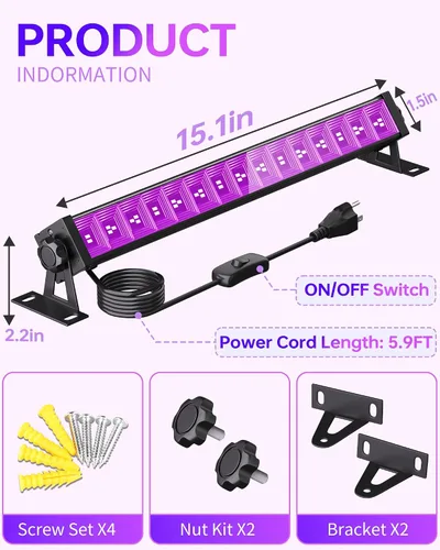 Miniatura 3 de Paquete de 4 luces LED negras de 42 W, barras de luz negra con enchufe+interruptor+cable de 6 pies, luz negra para fiesta brillante, póster