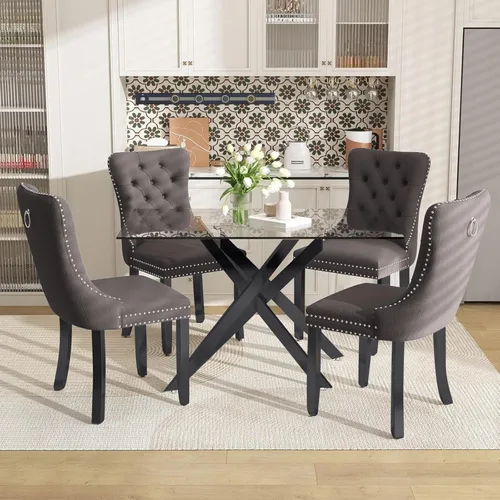 Miniatura 16 de Juego de mesa de comedor de 51 pulgadas de vidrio para 4, mesa de cocina rectangular de vidrio con 4 sillas tapizadas con acentos de terciopelo