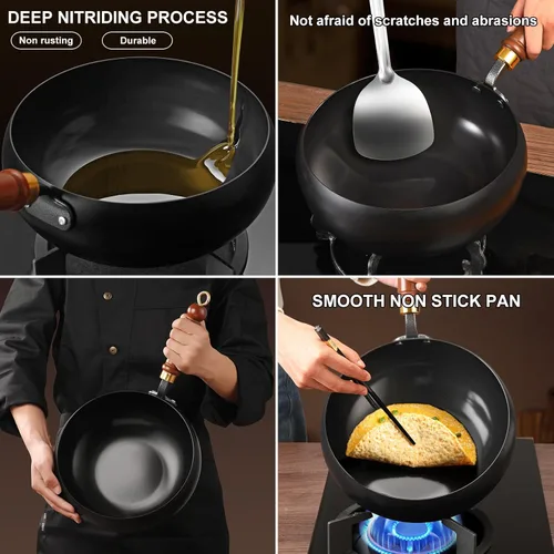 Miniatura 9 de Wok de acero al carbono, woks de 11 pulgadas y sartenes para freír con tapa de vidrio, wok antiadherente de fondo plano, pequeño wok chino hecho a