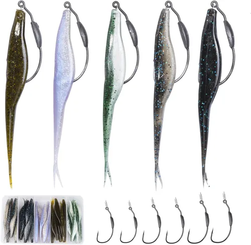 Miniatura 9 de Cebos de pesca de cola de pala, 5 piezas/15 piezas/25 piezas/30 piezas/40 señuelos de plástico suave Jerkbait para pesca de lubina Plata Gris