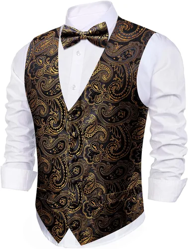 Miniatura 40 de Barry.Wang Conjunto de chaleco de pajarita para hombre, chaleco con cuello en V de seda jacquard de cachemira, gemelos de pañuelo formal/ocio, boda