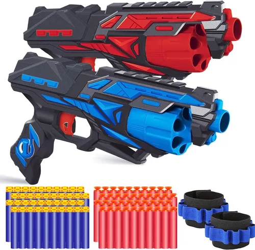 Miniatura 8 de POKONBOY Paquete de 2 Pistolas Lanzadoras de Espuma de Juguete, Pistola de Juguete Lanzadora con 2 Muñequeras y 80 Dardos de Recambio, Tambor Azul
