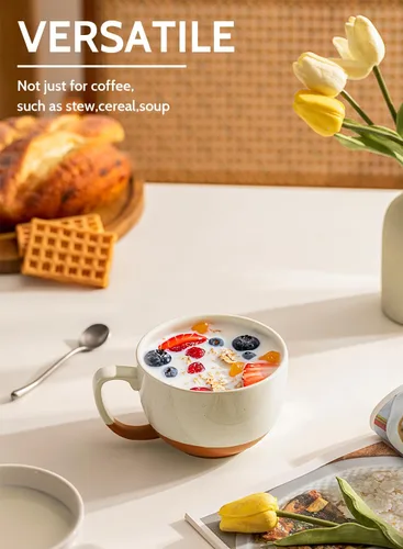 Miniatura 7 de Teocera Juego de 4 tazas de café color beige, taza de café de cerámica de 16 onzas, juego de tazas grandes con asa para bebidas frías o calientes