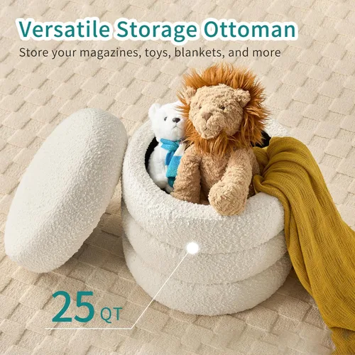 Miniatura 4 de Busaurus Otomana Redonda con Almacenamiento para Sala de Estar Pequeño Taburete de Bouclé Reposapiés Moderno Tapizado Taburete de Tocador Otomana