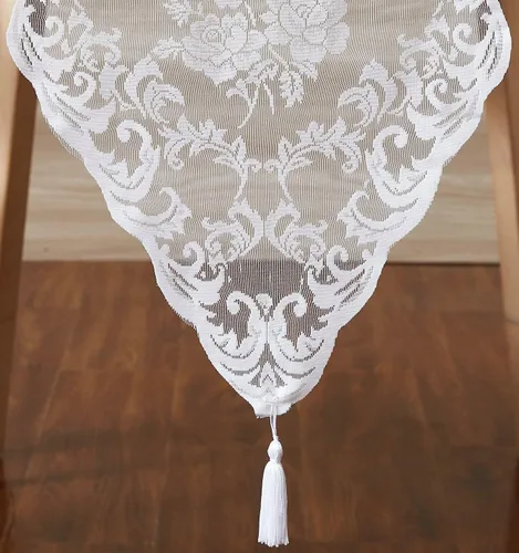 Miniatura 4 de ASATEX Camino de mesa de encaje blanco de 14 x 36 pulgadas con 2 borlas. El patrón floral clásico y elegante es la opción ideal para cualquier