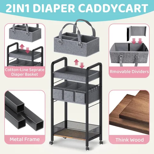 Miniatura 7 de Organizador de Pañales para Bebé 2 en 1 - Carrito de Almacenamiento Rodante de 3 Niveles con Divisores - Carrito de Pañales de Cabecera para Negro