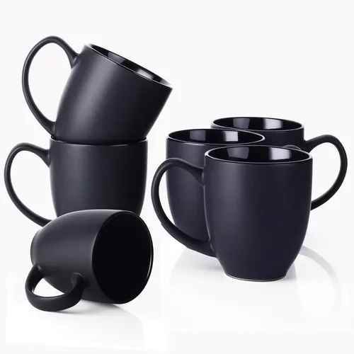 DOWAN Tazas de café, juego de 6 tazas de café negras, tazas de café de cerámica de 16 onzas con asas grandes para hombres y mujeres, taza grande de