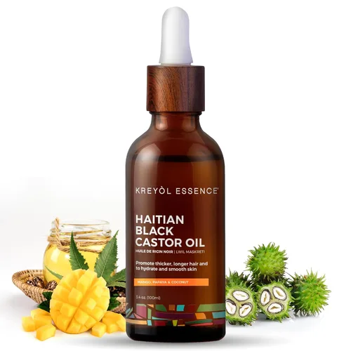Kreyol Essence - Aceite de ricino negro haitiano para piel y cabello, botella de vidrio, prensado en frío, sin hexano, cabello de aspecto más