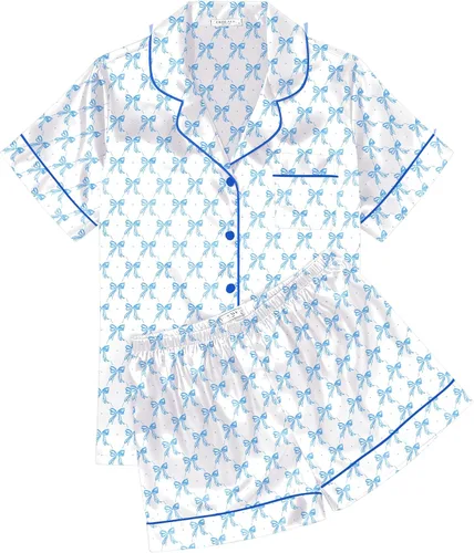 Miniatura 6 de Ekouaer Conjunto de pijama de satén de seda para mujer, suave, de manga corta, con botones, ropa para dormir, camiseta y pantalones cortos, juego