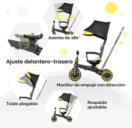 Miniatura 6 de WinHope Triciclo de empuje 9 en 1 para niños pequeños de 1 a 3 años, triciclo convertible para niños con asa de empuje y cinturón de seguridad, Negro