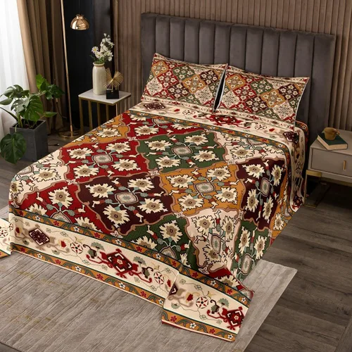 Miniatura 8 de Erosebridal Colcha King, Colcha Exótica Bohemia, Cobertor de Encaje Bohemio Tribal Floral Rojo Amarillo Azul Degradado Retro, Acolchado Egipcio