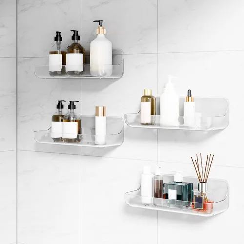 Miniatura 8 de Organizador adhesivo para ducha, paquete de 2 estantes acrílicos para baño, sin taladro, organizador de montaje en pared, estante de almacenamiento